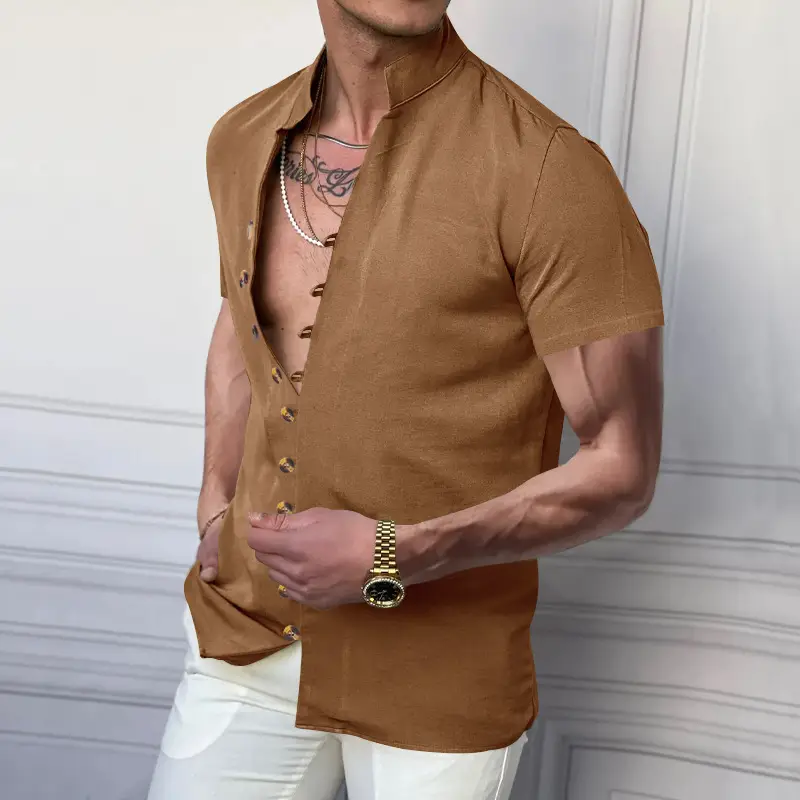 Men's 2025 Summer T-Shirt Brown Button Collar Short Sleeve — feature 43