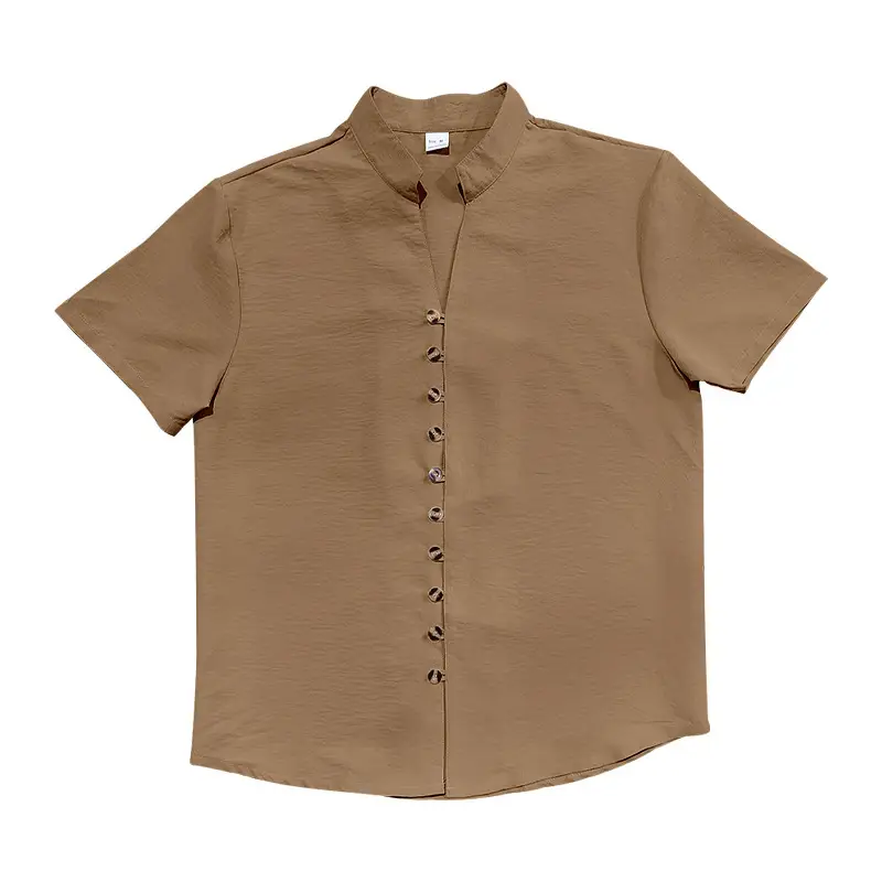 Men's 2025 Summer T-Shirt Brown Button Collar Short Sleeve — feature 44
