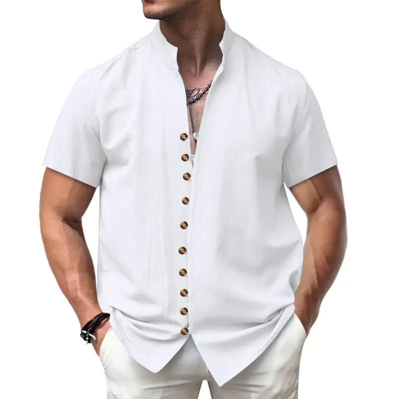 Men's 2025 Summer T-Shirt Brown Button Collar Short Sleeve — feature 5