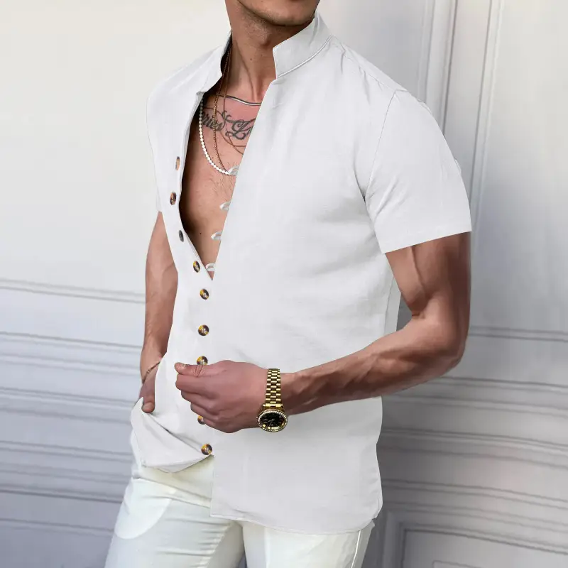 Men's 2025 Summer T-Shirt Brown Button Collar Short Sleeve — feature 7