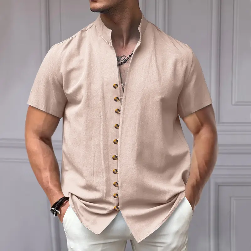 Men's 2025 Summer T-Shirt Brown Button Collar Short Sleeve - Image 2
