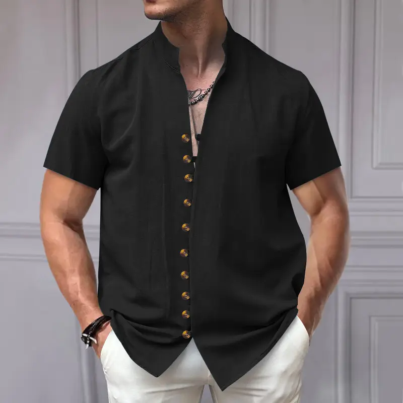 Men's 2025 Summer T-Shirt Brown Button Collar Short Sleeve - Image 3