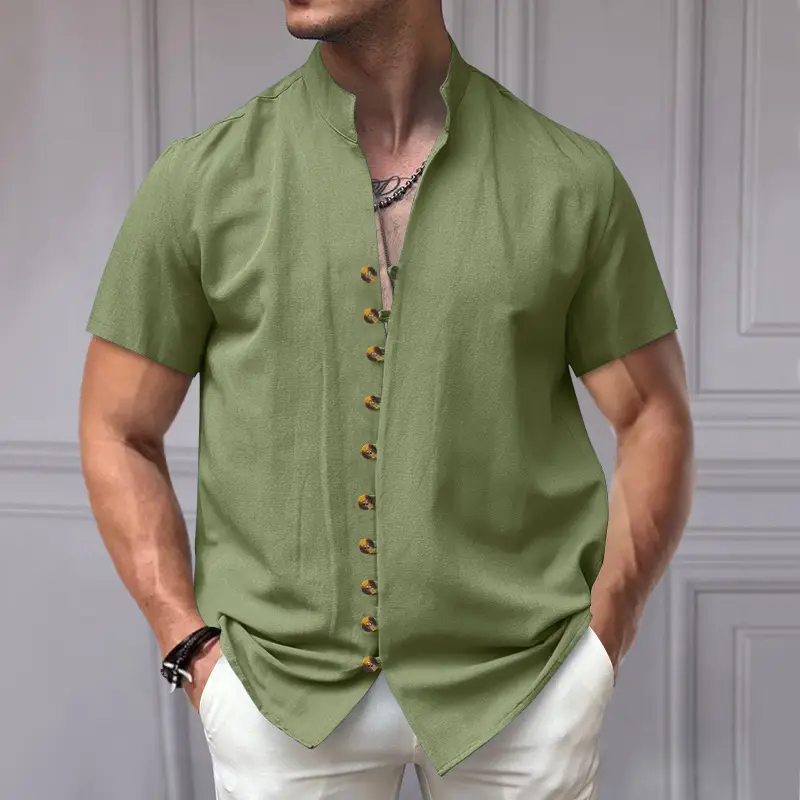 Men's 2025 Summer T-Shirt Brown Button Collar Short Sleeve - Image 4