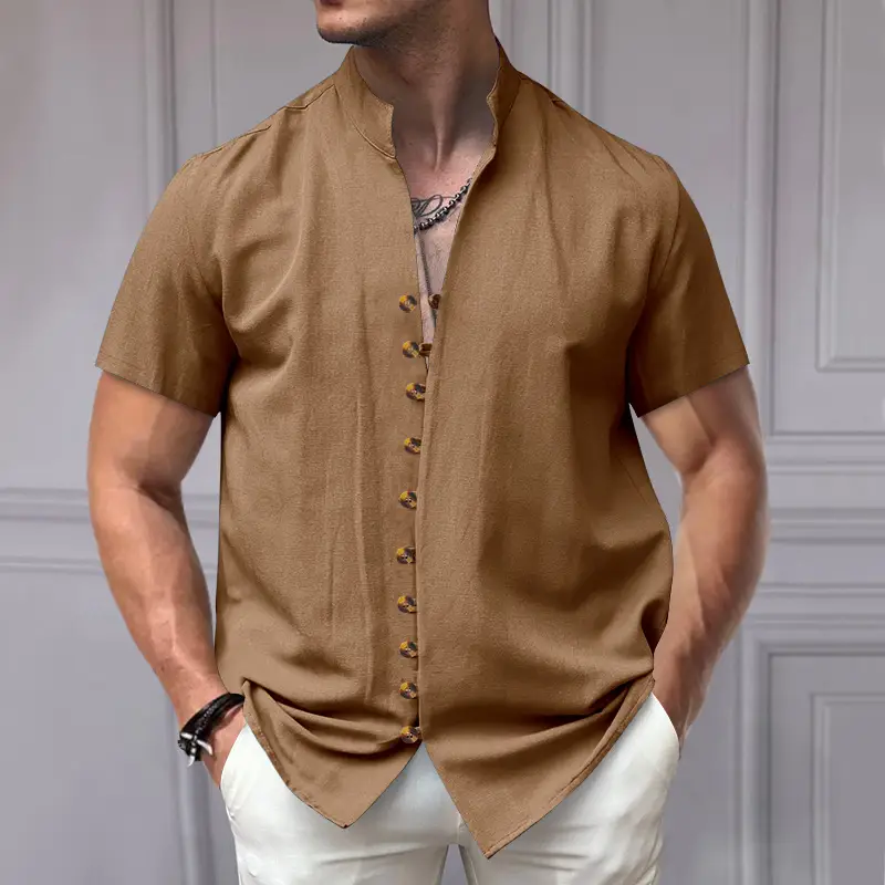 Men's 2025 Summer T-Shirt Brown Button Collar Short Sleeve - Image 5