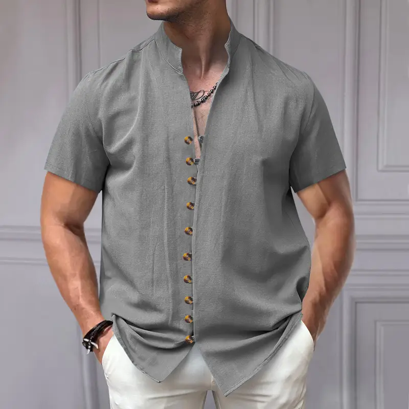 Men's 2025 Summer T-Shirt Brown Button Collar Short Sleeve - Image 7