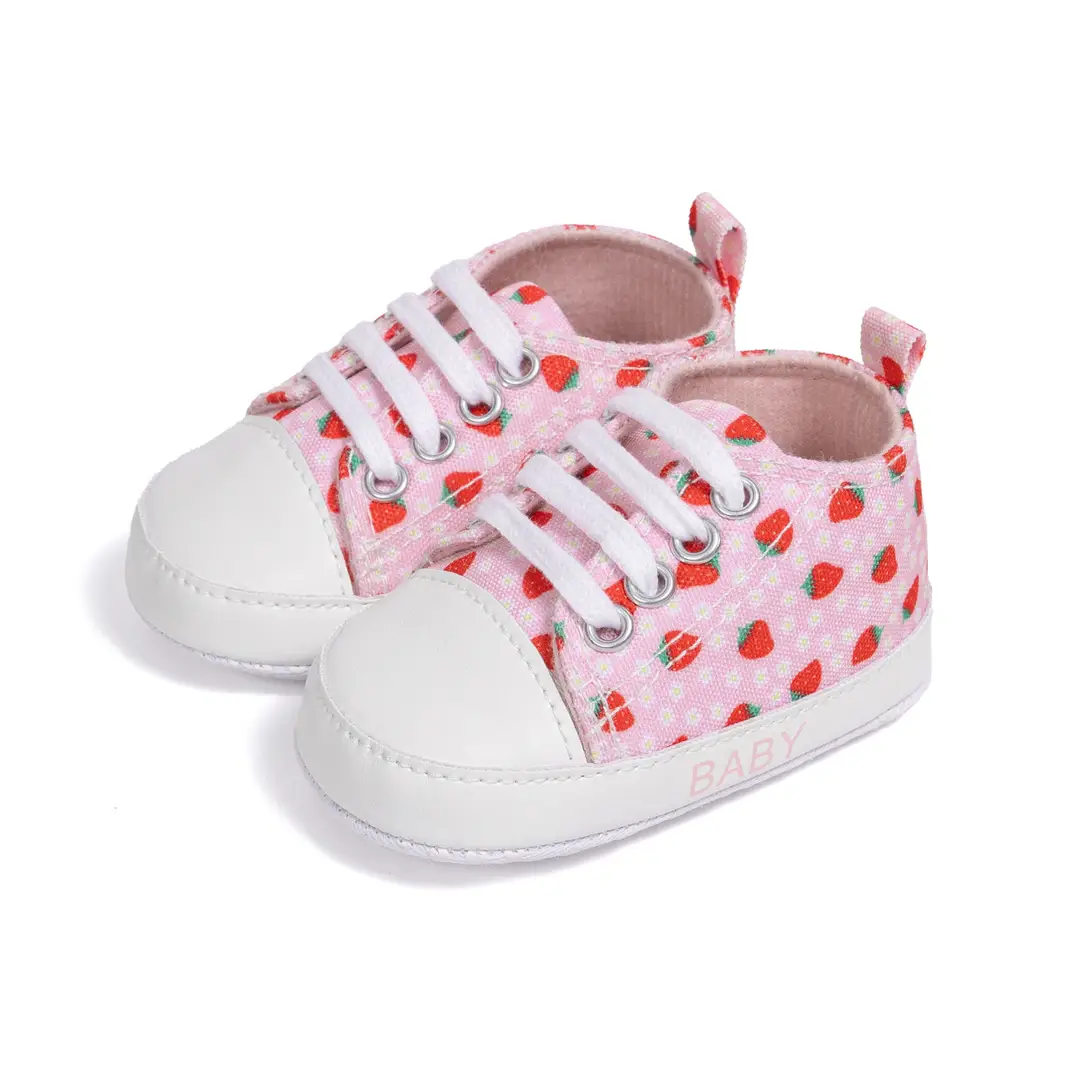 Cross-border New Baby Canvas Shoes Strawberry Pattern Cute Casual Toddler Shoes Lace-up Soft Cloth Sole Non-slip Baby Shoes