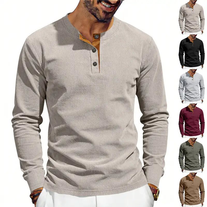 Men's Grey Corduroy Long Sleeve T-Shirt — feature 4