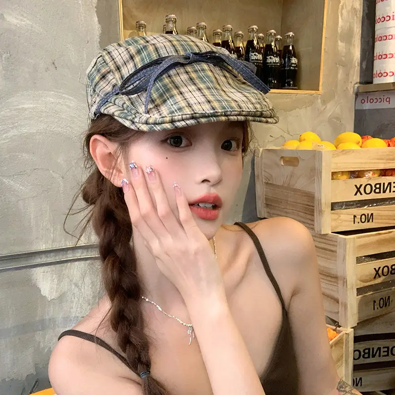 Plaid Forward Hat with Bow for Women Spring Summer - Image 2