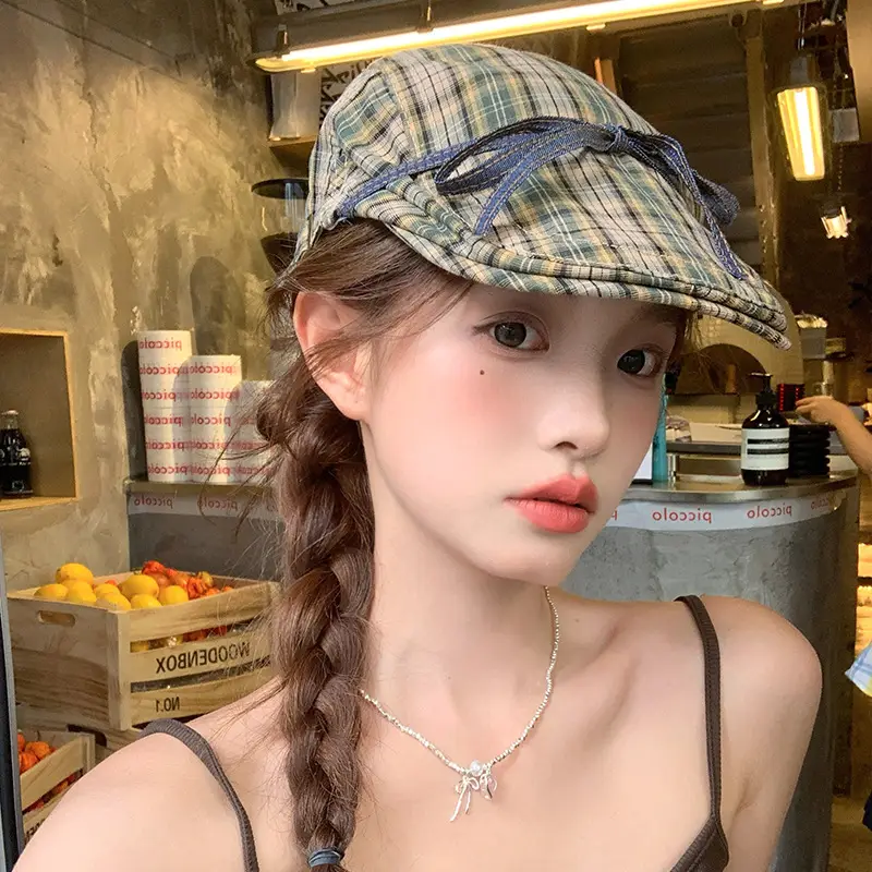 Plaid Forward Hat with Bow for Women Spring Summer - Image 3