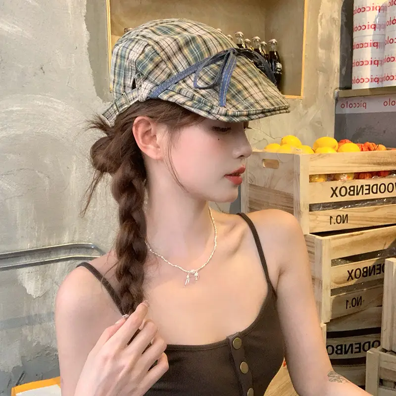 Plaid Forward Hat with Bow for Women Spring Summer - Image 4