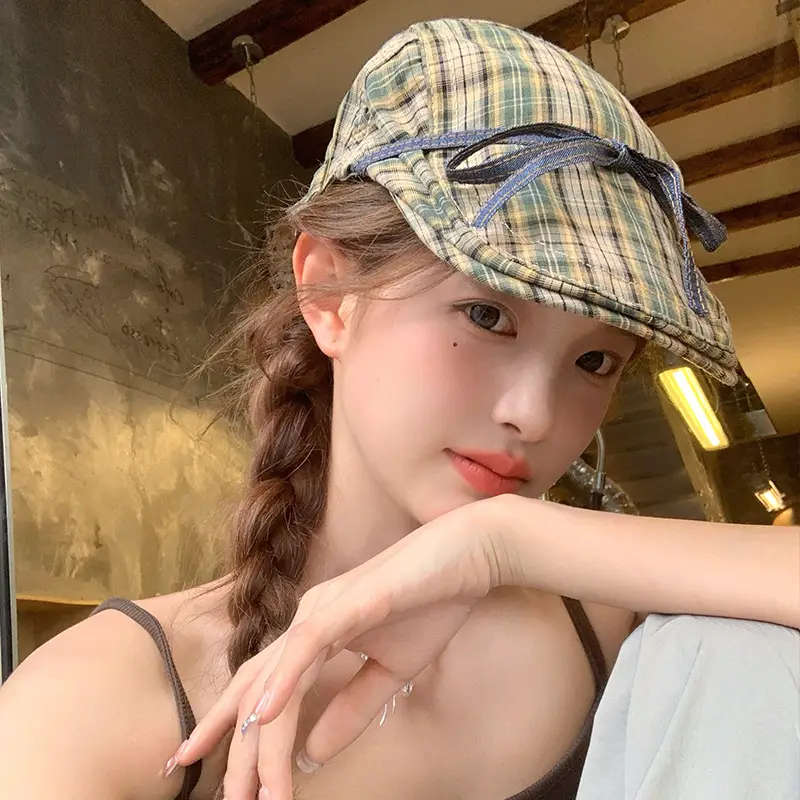 Plaid Forward Hat with Bow for Women Spring Summer - Image 5