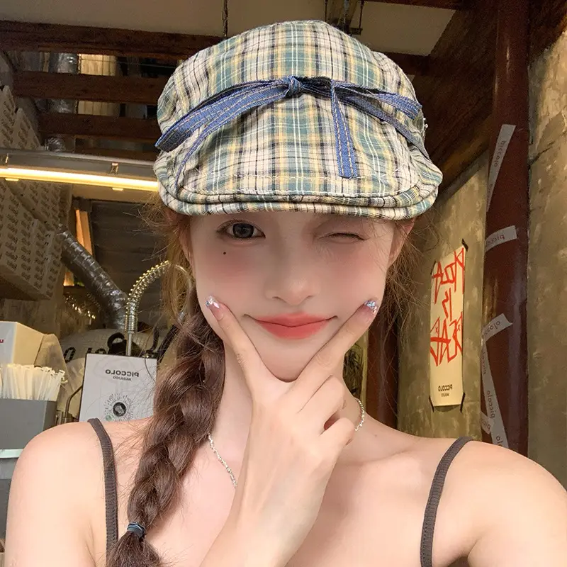 Plaid Forward Hat with Bow for Women Spring Summer - Image 6