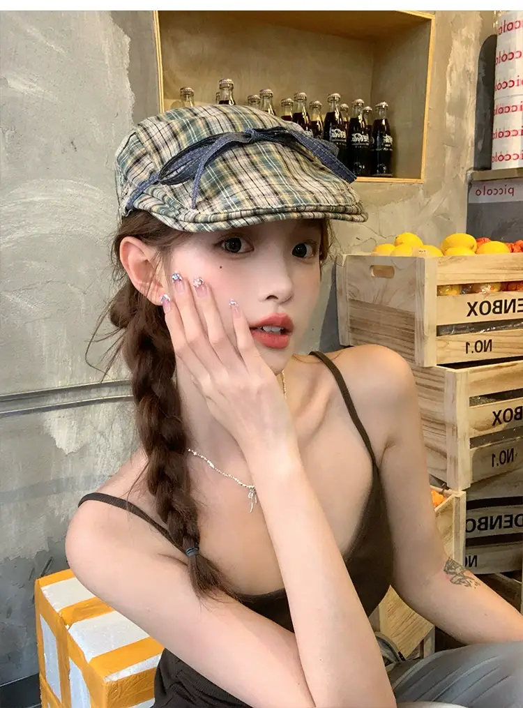 Plaid Forward Hat with Bow for Women Spring Summer — feature 5