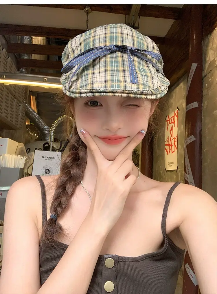 Plaid Forward Hat with Bow for Women Spring Summer — feature 6