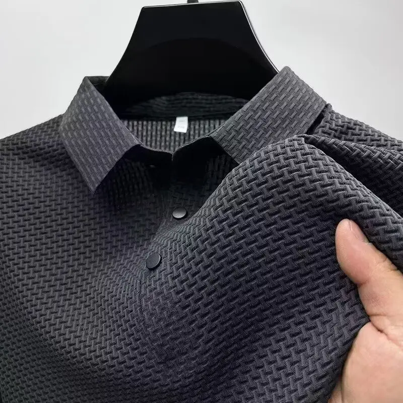 Men Ice Silk Short Sleeve T-Shirt Collar Solid Color - Image 2