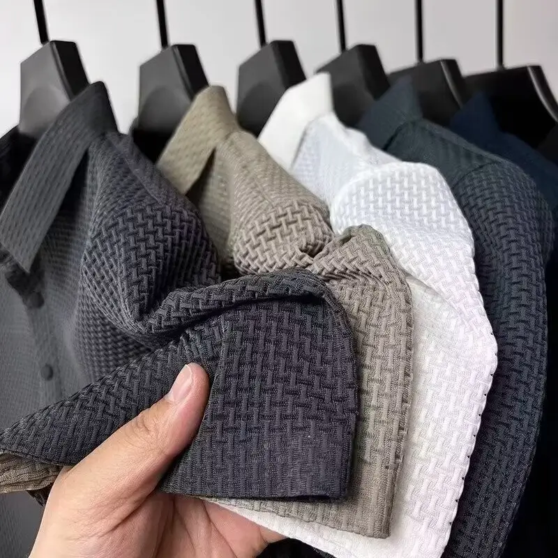 Men Ice Silk Short Sleeve T-Shirt Collar Solid Color - Image 5
