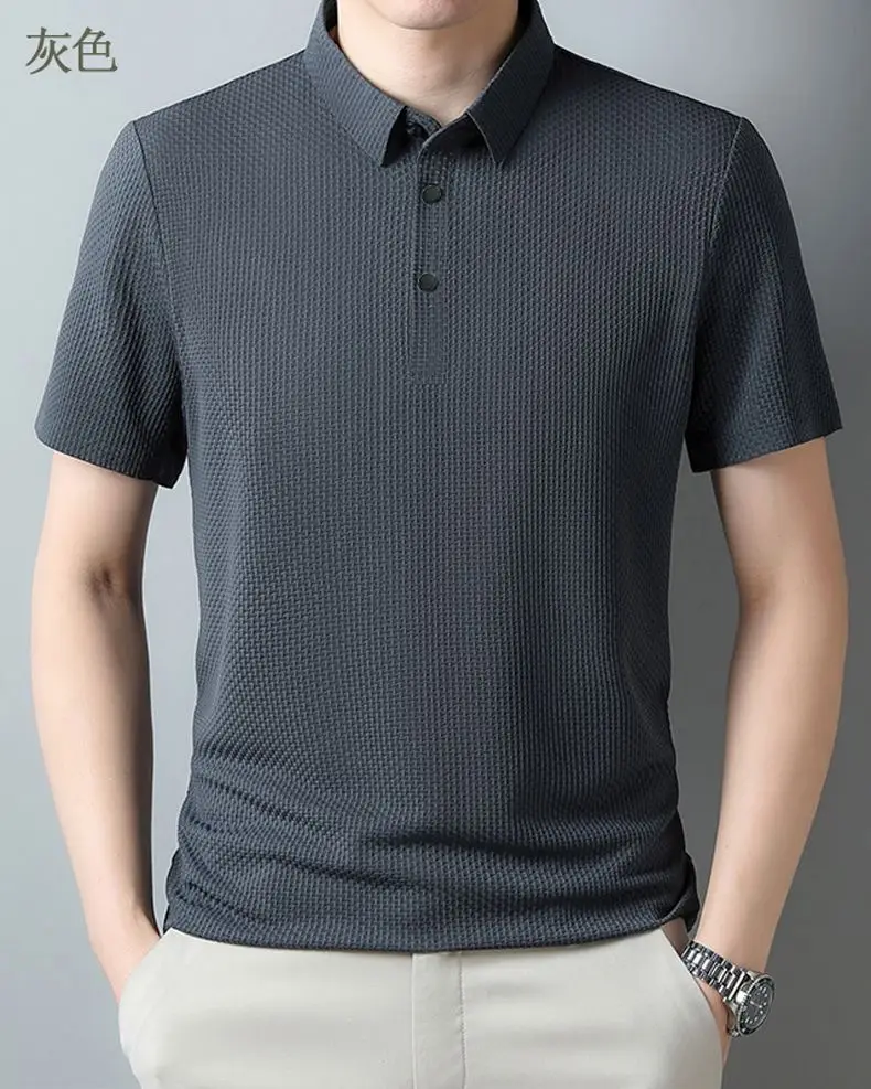 Men Ice Silk Short Sleeve T-Shirt Collar Solid Color — feature 10