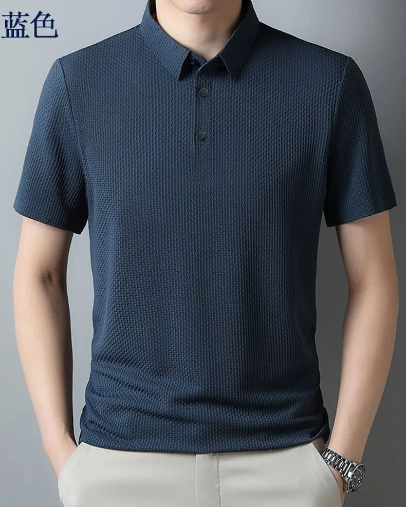 Men Ice Silk Short Sleeve T-Shirt Collar Solid Color — feature 11
