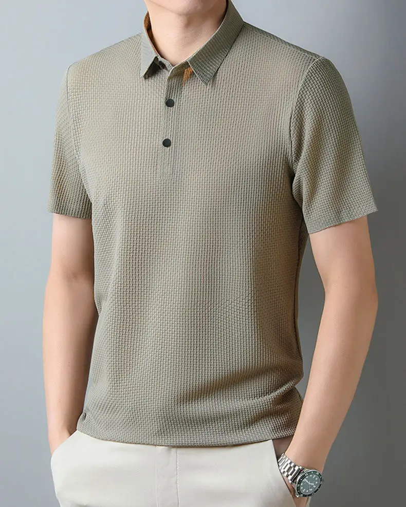 Men Ice Silk Short Sleeve T-Shirt Collar Solid Color — feature 12