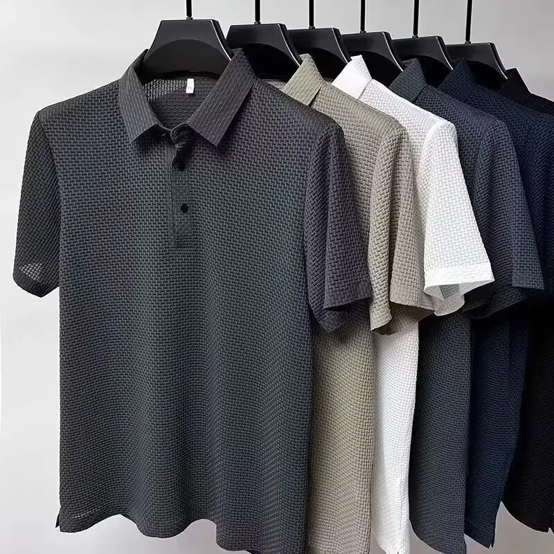 Men Ice Silk Short Sleeve T-Shirt Collar Solid Color — feature 3
