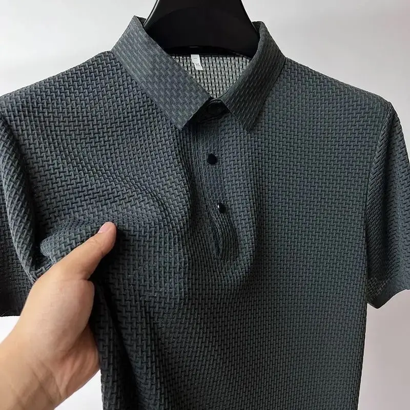 Men Ice Silk Short Sleeve T-Shirt Collar Solid Color — feature 5