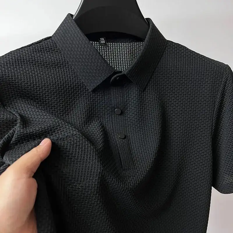 Men Ice Silk Short Sleeve T-Shirt Collar Solid Color — feature 7