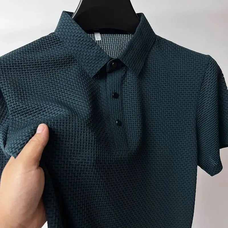 Men Ice Silk Short Sleeve T-Shirt Collar Solid Color — feature 8