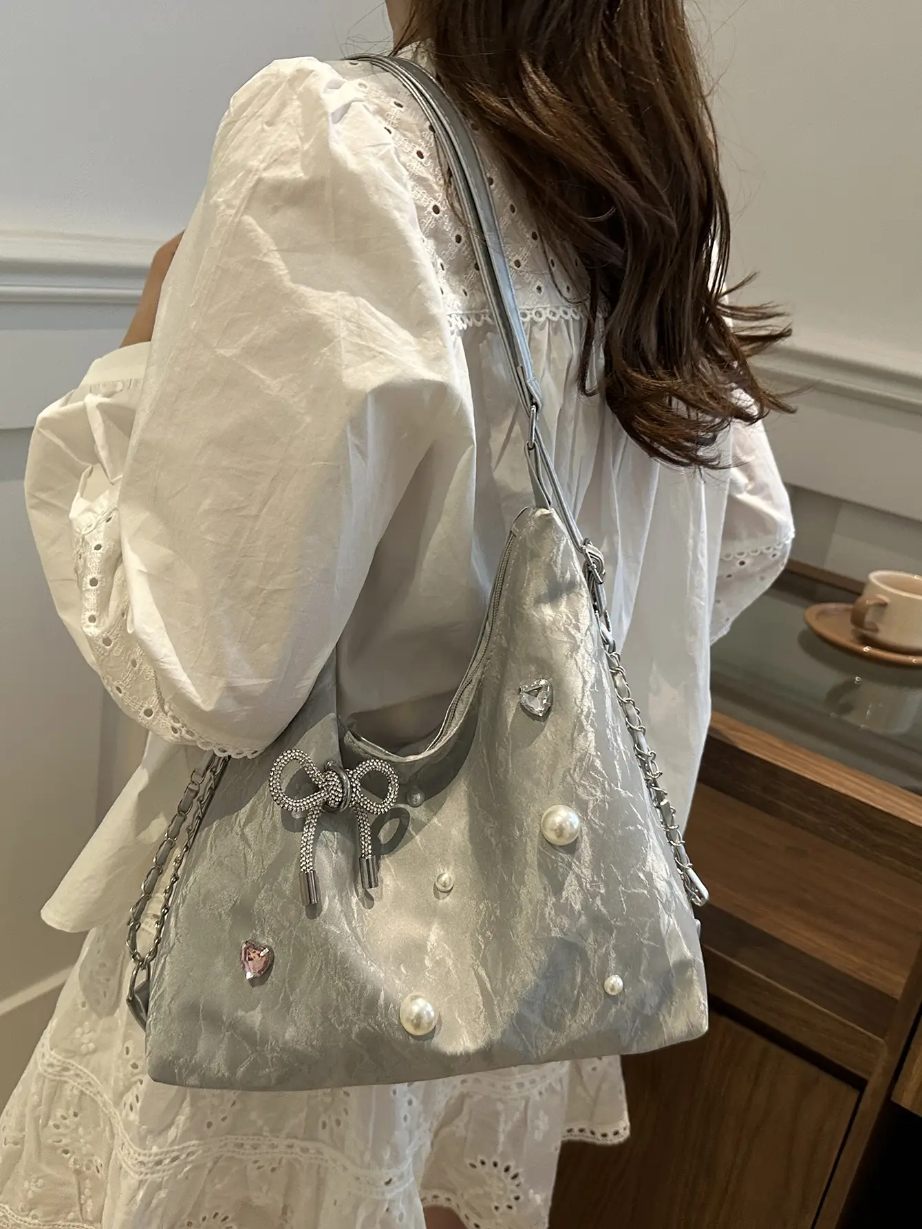 Black Pearl Embellished Crossbody Backpack for Women