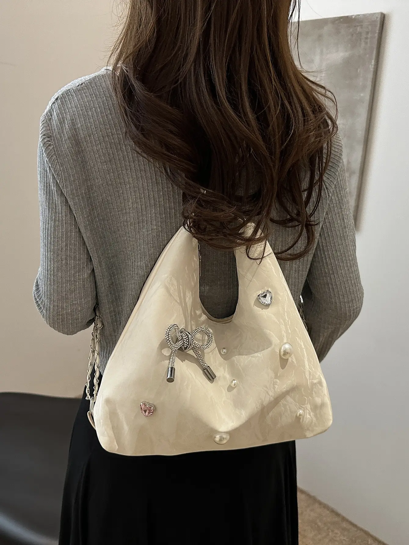 Black Pearl Embellished Crossbody Backpack for Women