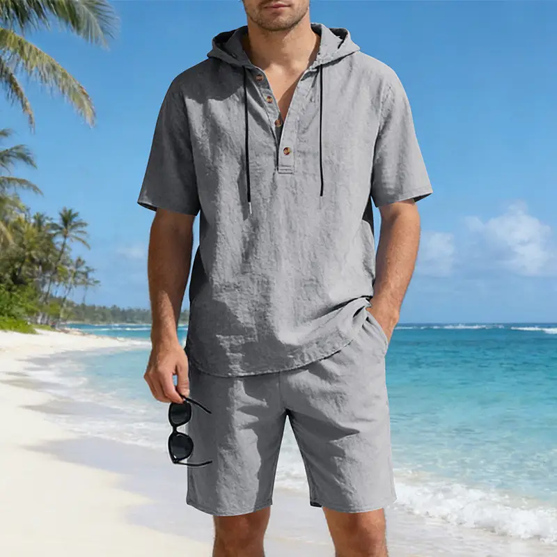 Men Grey Short Sleeve Hoodie Shorts Set Summer - Image 9
