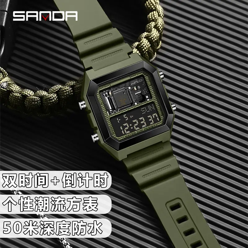 Sanda Square Digital Waterproof Stopwatch Watch Black - Image 7