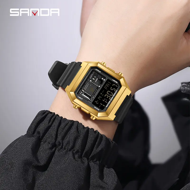Sanda Square Digital Waterproof Stopwatch Watch Black - Image 9