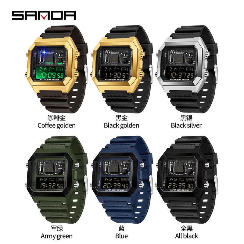 Sanda Square Digital Waterproof Stopwatch Watch Black - Image 10