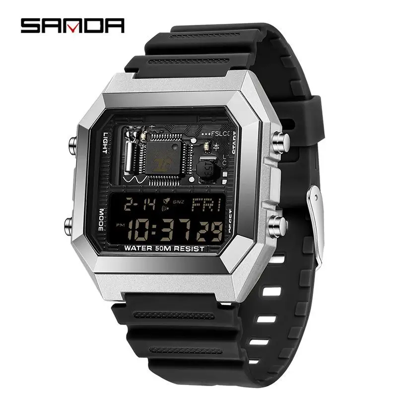 Sanda Square Digital Waterproof Stopwatch Watch Black - Image 2