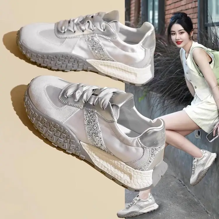 Women Silver Casual Sneakers with Thick Sole 2024 — feature 1