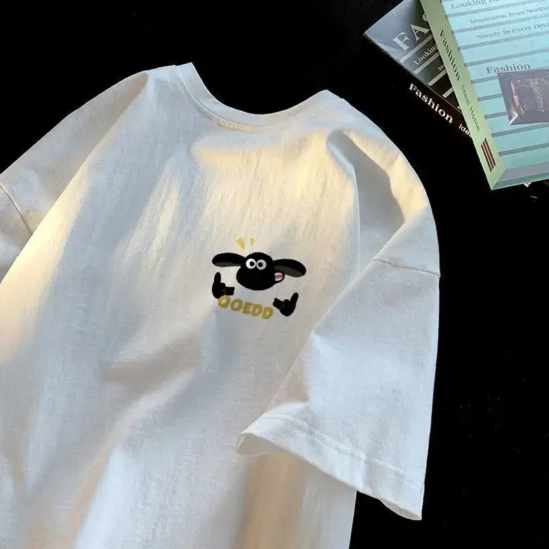 100% Pure Cotton American Style Loose White T-shirt Women Commuter Loose Casual Short-sleeved Ins All-match Sport Couple Top