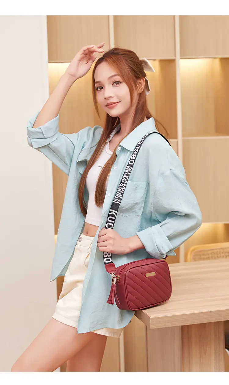 Women's Red Quilted Crossbody Bag with Letter Strap — feature 12