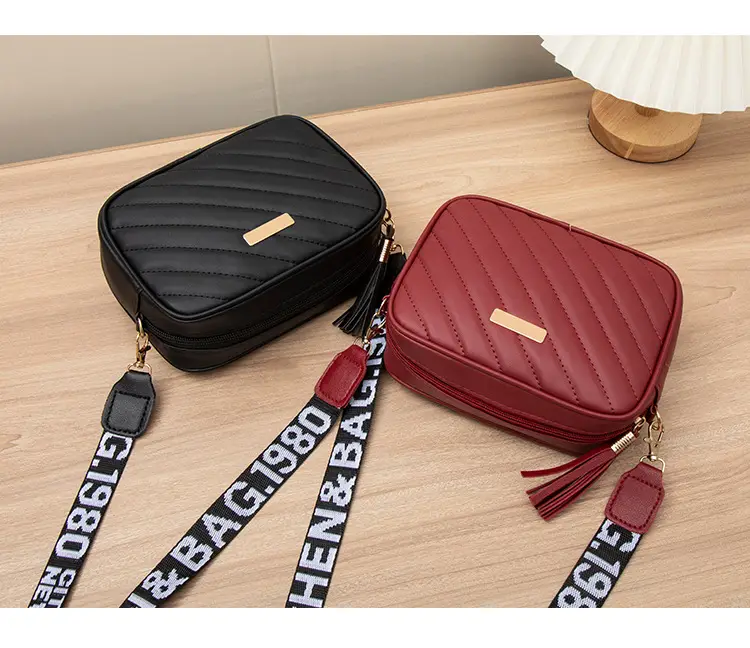 Women's Red Quilted Crossbody Bag with Letter Strap — feature 19