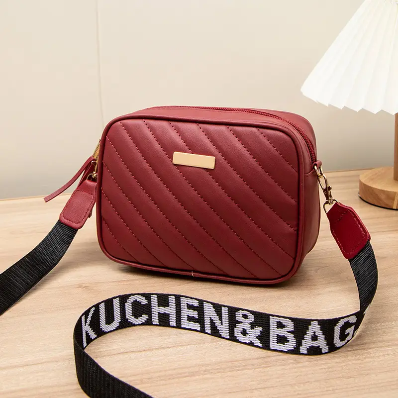 Women's Red Quilted Crossbody Bag with Letter Strap - Image 4