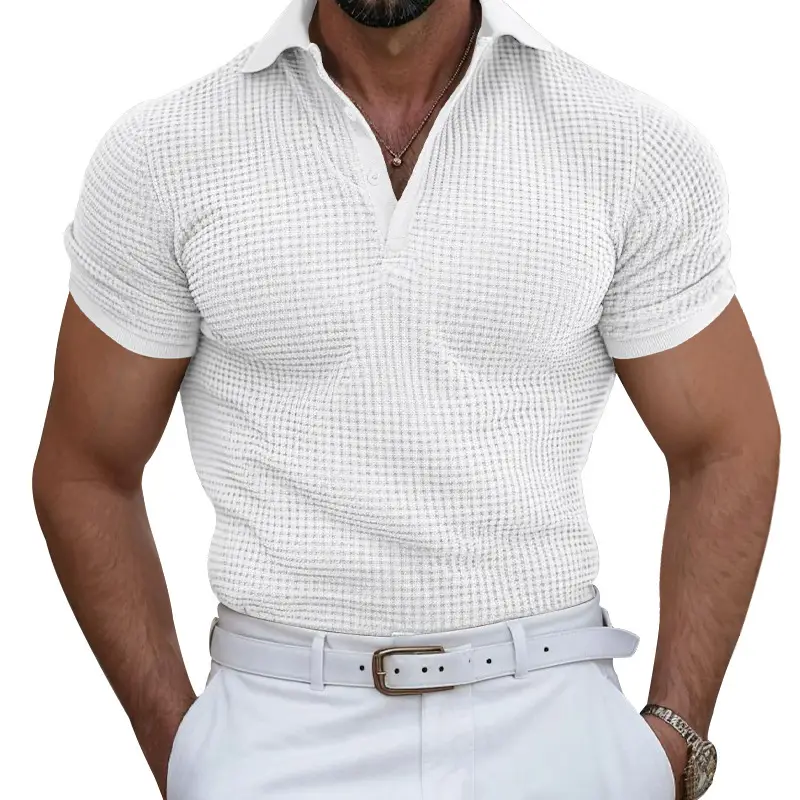 Men's Black Waffled Polo Shirt Collar Summer - Image 23