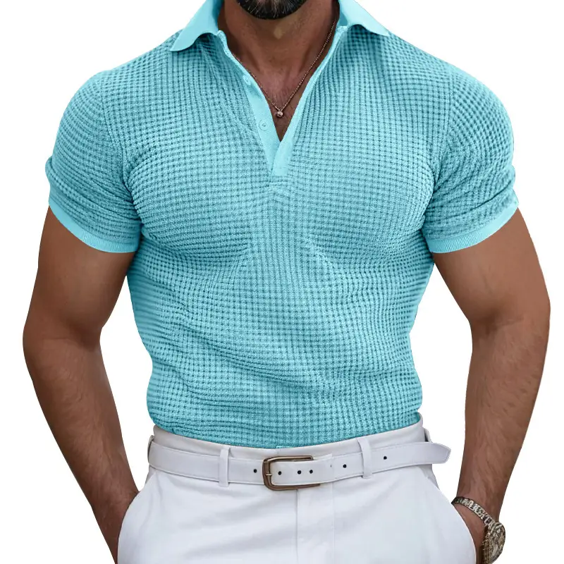 Men's Black Waffled Polo Shirt Collar Summer - Image 24