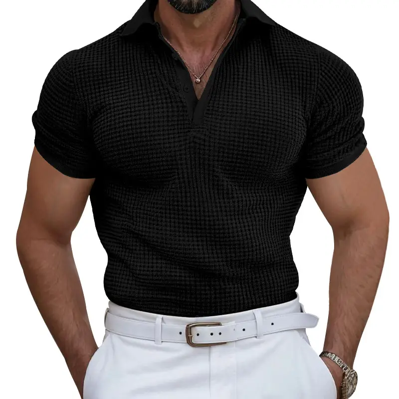 Men's Black Waffled Polo Shirt Collar Summer - Image 25