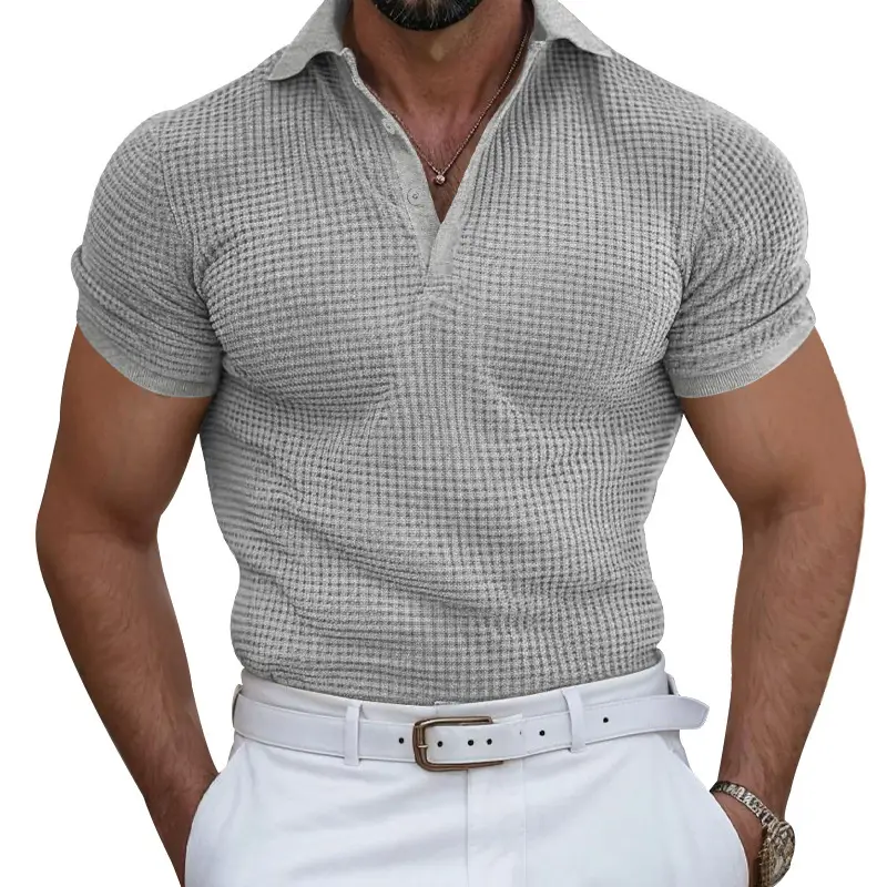 Men's Black Waffled Polo Shirt Collar Summer — feature 38