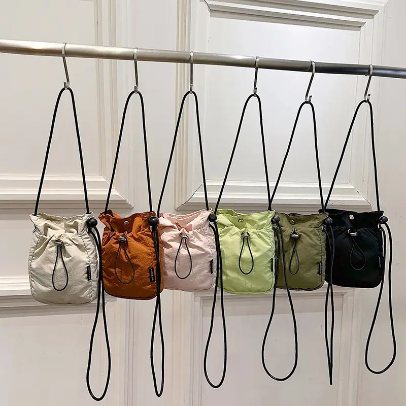 Women's Drawstring Phone Bag Beige Nylon Lightweight - Image 7