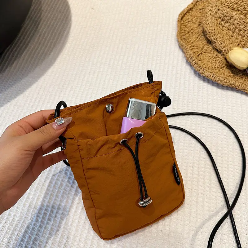 Women's Drawstring Phone Bag Beige Nylon Lightweight - Image 8