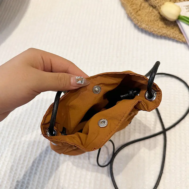 Women's Drawstring Phone Bag Beige Nylon Lightweight - Image 9