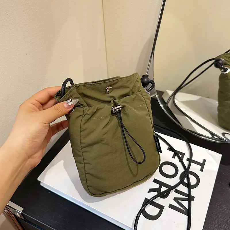 Women's Drawstring Phone Bag Beige Nylon Lightweight - Image 10