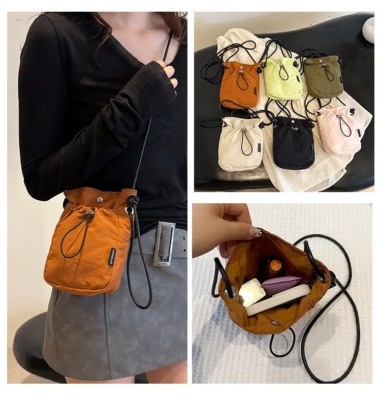 Women's Drawstring Phone Bag Beige Nylon Lightweight — feature 13