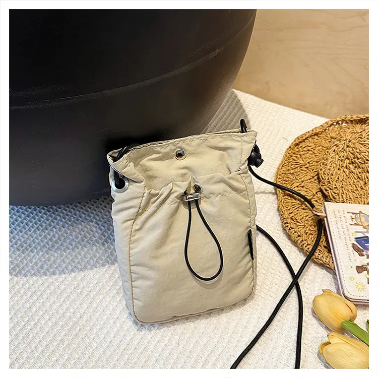 Women's Drawstring Phone Bag Beige Nylon Lightweight — feature 25