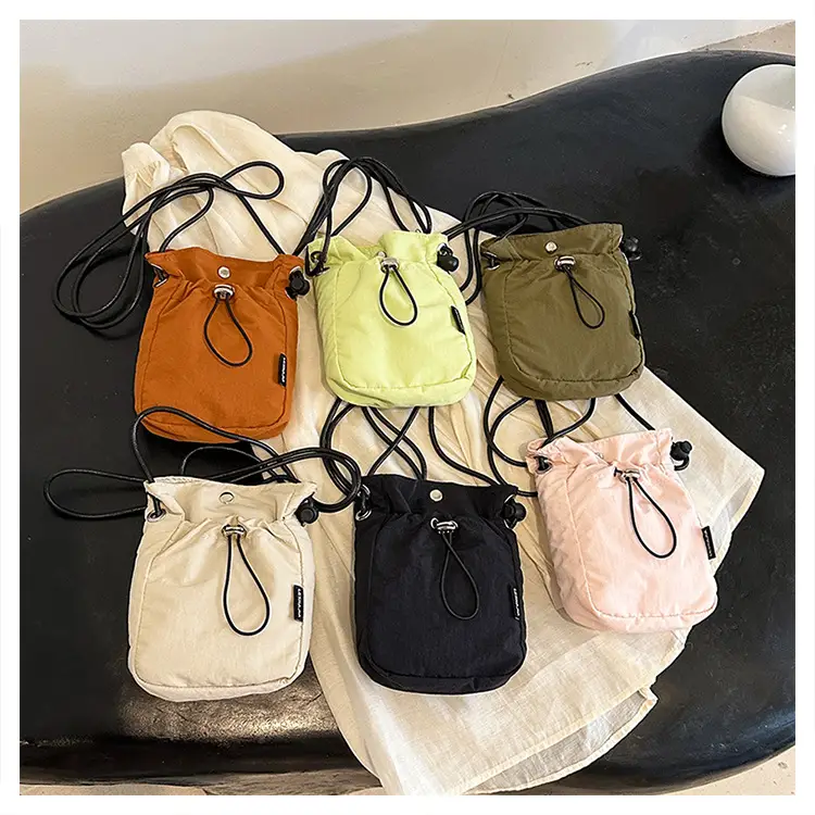 Women's Drawstring Phone Bag Beige Nylon Lightweight — feature 40